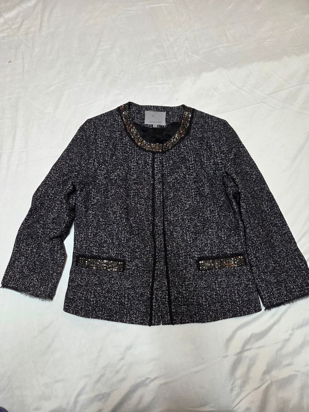 Classiques Entier Black Tweed Jewel-Trim Collar Jacket